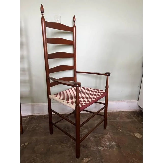Early 20th Century Pair of Early American Primitive Shaker Style Maple Slat High Back Captain Chairs With Webbed Cotton...