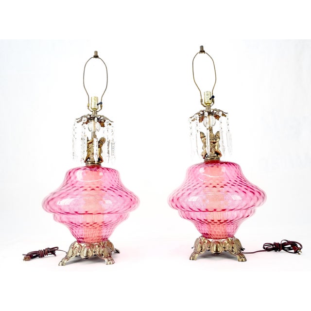 Pair of Large Cranberry Glass Crystal Decorated Table Lamps MINT! For Sale - Image 12 of 15