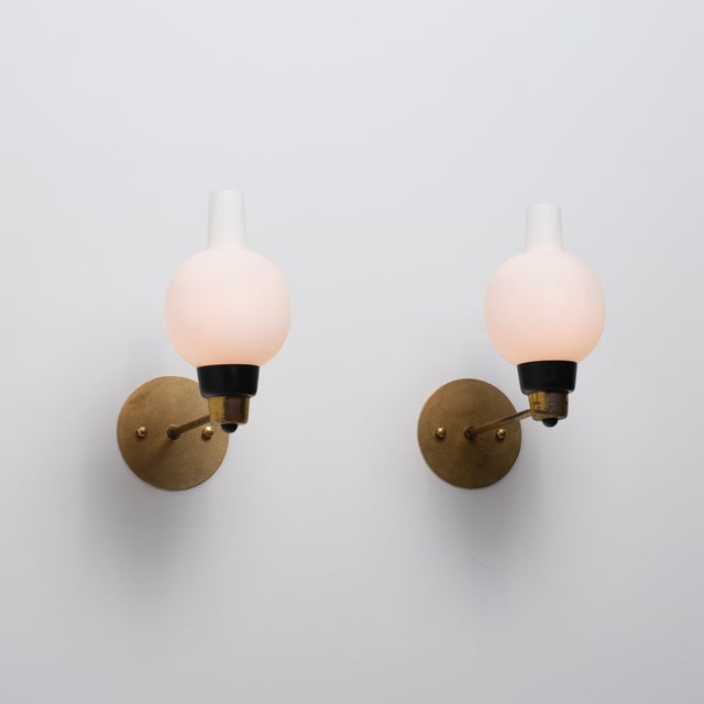 Vintage Italian Sconces in Brass and Opaline Glass, 1950s, Set of 2 For Sale - Image 10 of 12