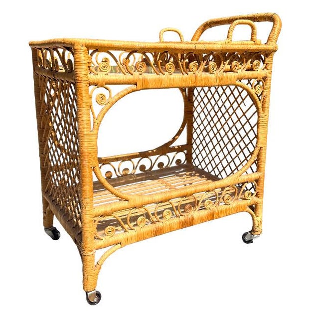 Fiddle Leaf Rattan Bar Cart For Sale - Image 4 of 8