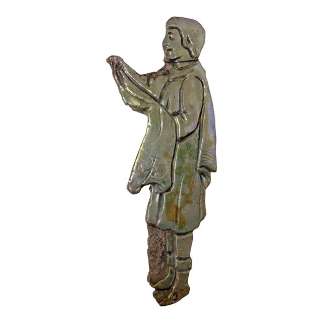 Big Antique Handmade Figural Green Iridescent Glaze Man Pottery Wall Tile Art For Sale