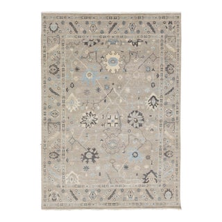 Modern Oushak Style Hand-Knotted Wool Rug – Floral Design in Sage & Slate 9x12 For Sale