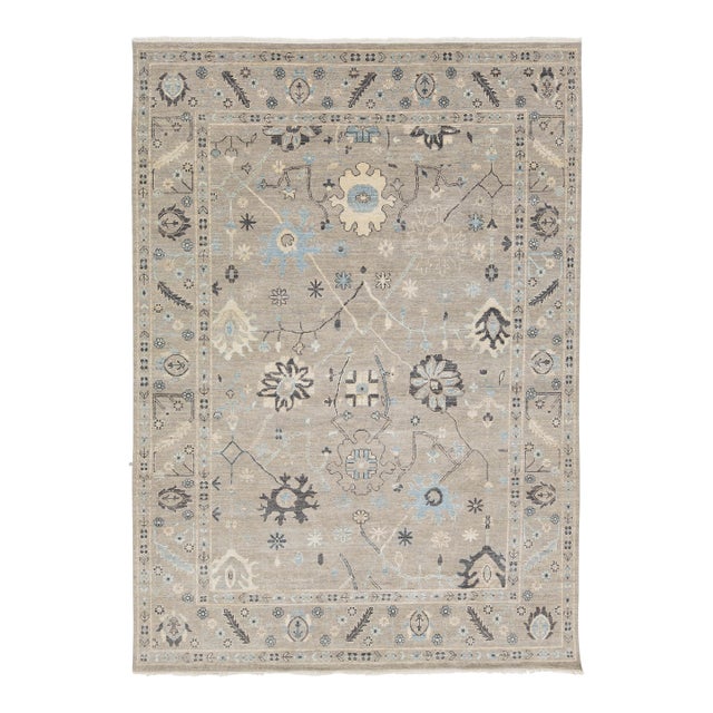 Modern Oushak Style Hand-Knotted Wool Rug – Floral Design in Sage & Slate 9x12 For Sale