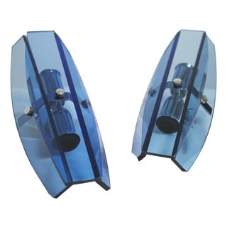 Mid-Century Modern Italian Faceted Blue Glass Veca Wall Sconces by Fontana Arte, 1980s, Set of 2 For Sale