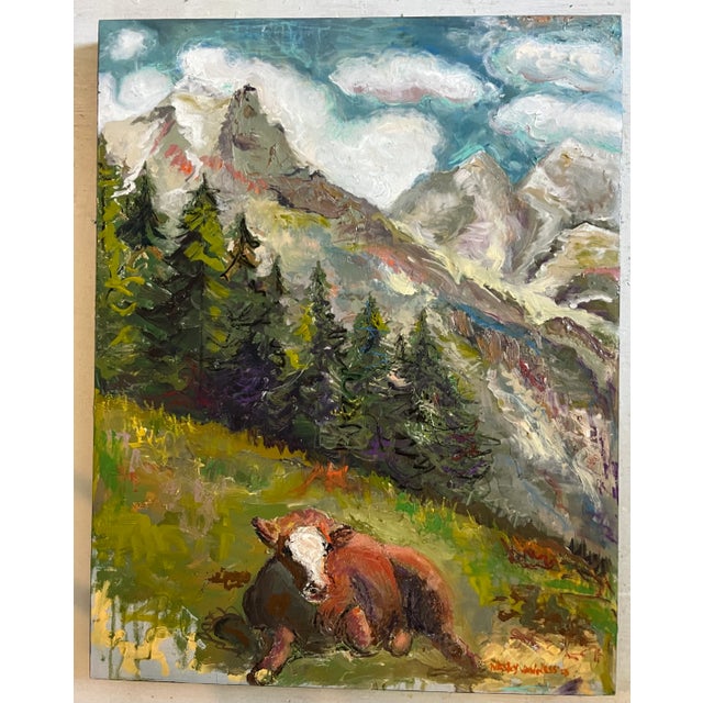Cow in the Swiss Alps, Oil Painting, by Van Ness For Sale In Saint Louis - Image 6 of 9