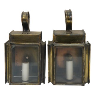 Set of 2 Antique Brass Canal Railway Converted Oil Lamp Candle Lanterns Sconces For Sale