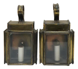 Set of 2 Antique Brass Canal Railway Converted Oil Lamp Candle Lanterns Sconces