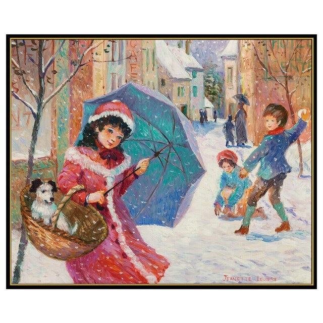 This painting, titled "Puppy's First Snow", is an alluring depiction of a wintery day, that is saturated with vibrant...