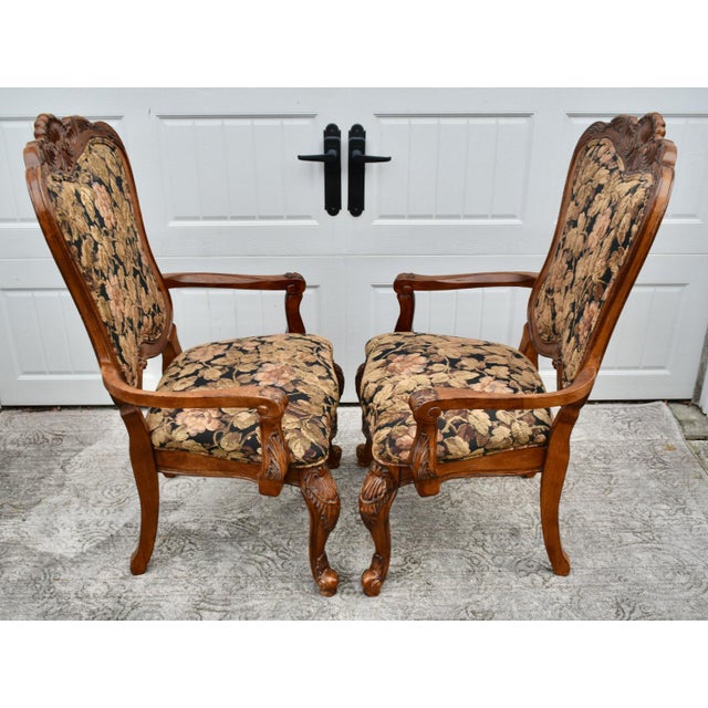 Vintage Pair of Thomasville Carved Tuscan Style Arm Chairs W/Floral Fabric For Sale In Philadelphia - Image 6 of 11