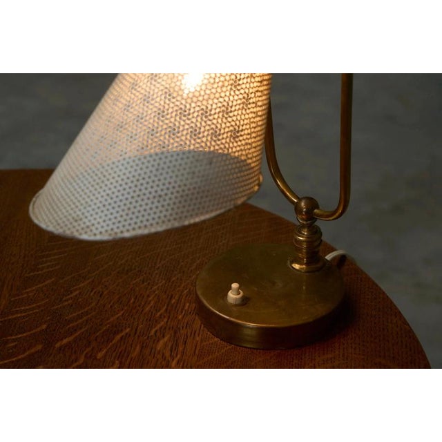 Vintage French Table Lamp in Patinated Brass and Perforated Metal by Mathieu Matégot, 1950s For Sale - Image 10 of 14