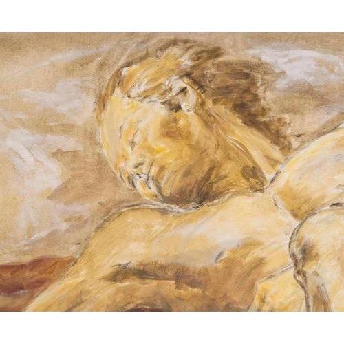 Large oil painting on canvas by Evelyne Luez, depicting a man and a woman lying down. 20th-century oil painting on canvas,...