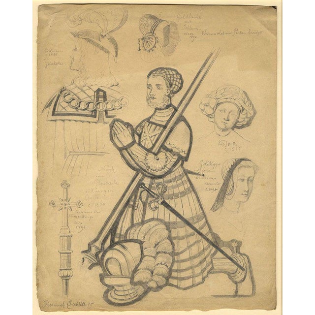 An original 1875 graphite drawing, Heinrich Schlitt, German Medieval Costume Studies.This striking sheet of illustrations...