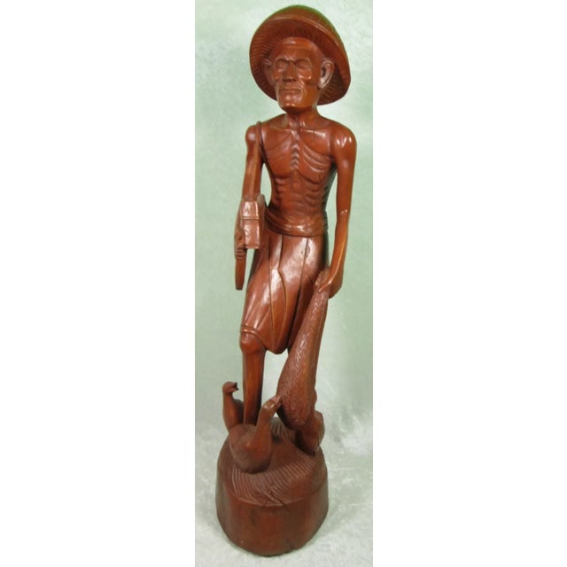 Mid 20th Century Mid 20th Century Carved Wooden Asian Fisherman Figurine Sculpture For Sale - Image 5 of 12