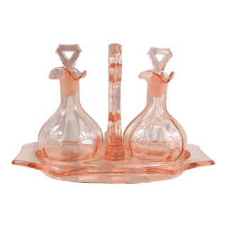 1960s Pink Glass Perfume Bottle Set, Vanity Jar or Condiment Jar Five Piece Set For Sale