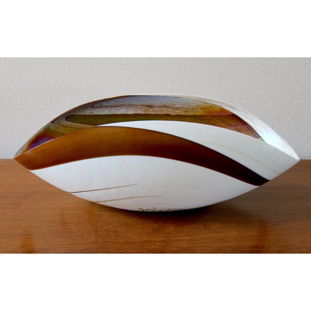 Murano Attributed Art Glass Bowl – Iridescent Cartoccio Form in Ivory & Brown, Hand-Blown Venetian Style Sculptural Centerpiece For Sale - Image 12 of 16