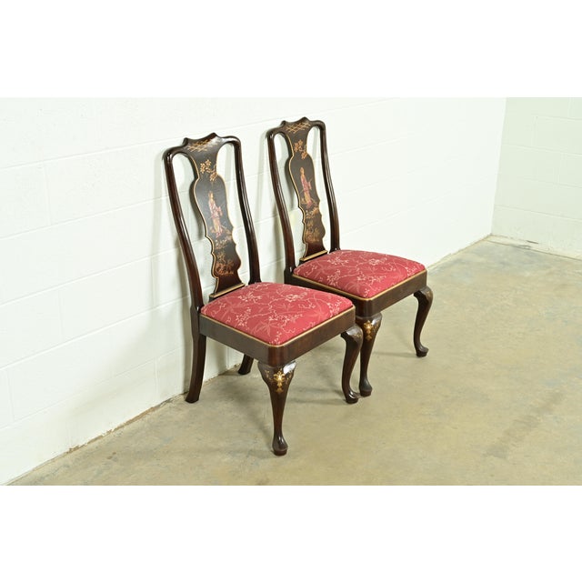 Henredon Henredon Chinoiserie Queen Anne Hand Painted Oak Side Chairs or Dining Chairs, Pair For Sale - Image 4 of 14