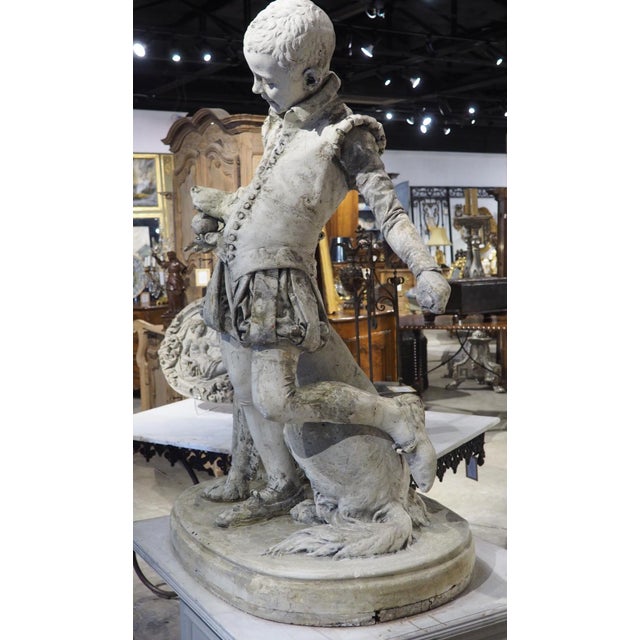Signed Antique French Plaster Sculpture, a Renaissance Boy and His Dog, C. 1880 For Sale - Image 9 of 18