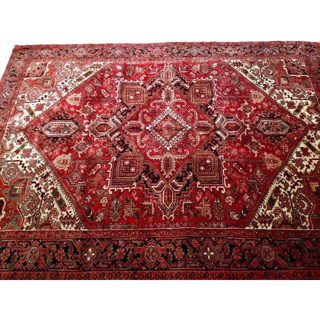 Vintage Persian Heriz Rug, Hand-Knotted Wool, Geometric Medallion Pattern, Red & Navy, 8x10 For Sale - Image 9 of 10