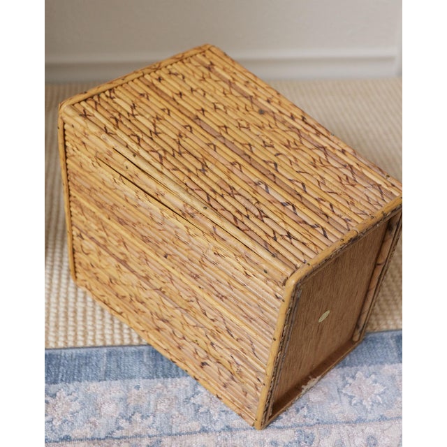 Wood Vintage Scorched Rattan Waste Basket For Sale - Image 7 of 9