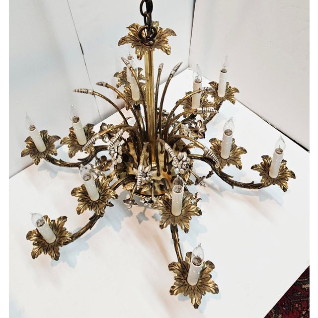 Metal Hollywood Regency Twelve Light Brass Wheat Sheaf Chandelier For Sale - Image 7 of 8