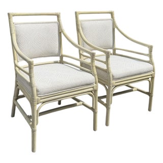 Vintage Target Back Rattan Armchairs With Custom Geometric Upholstery For Sale