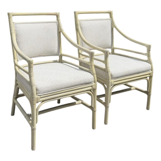 Vintage Target Back Rattan Armchairs With Custom Geometric Upholstery For Sale