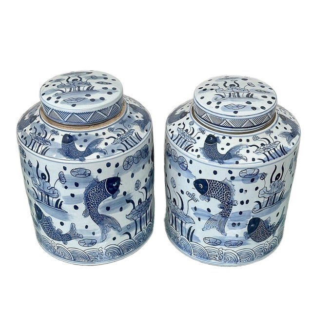 2020s Contemporary Chinoiserie Costal Porcelain Blue & White Tea Jars- a Pair For Sale - Image 5 of 6