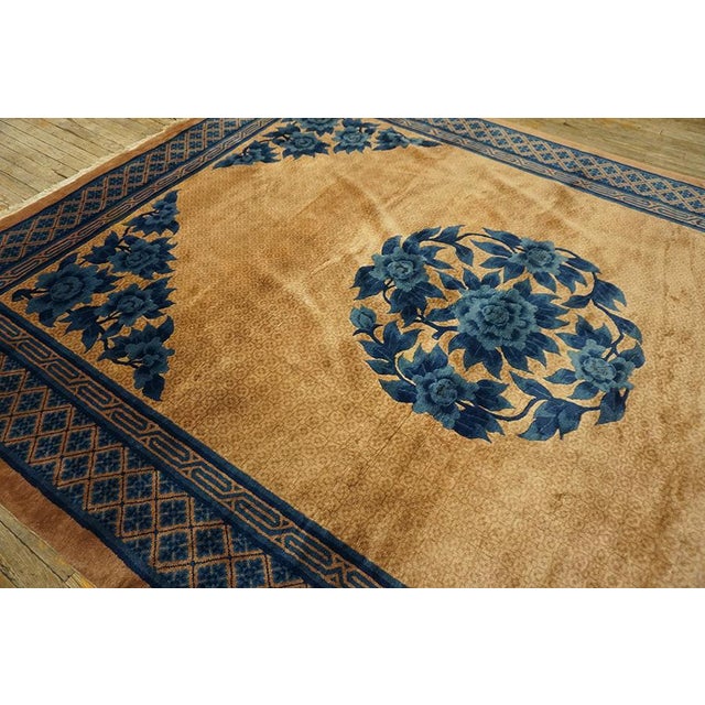 Fantastic Peach and Blue Color With Floral and Geometric Design Vintage Chinese Peking Rug For Sale In New York - Image 6 of 15
