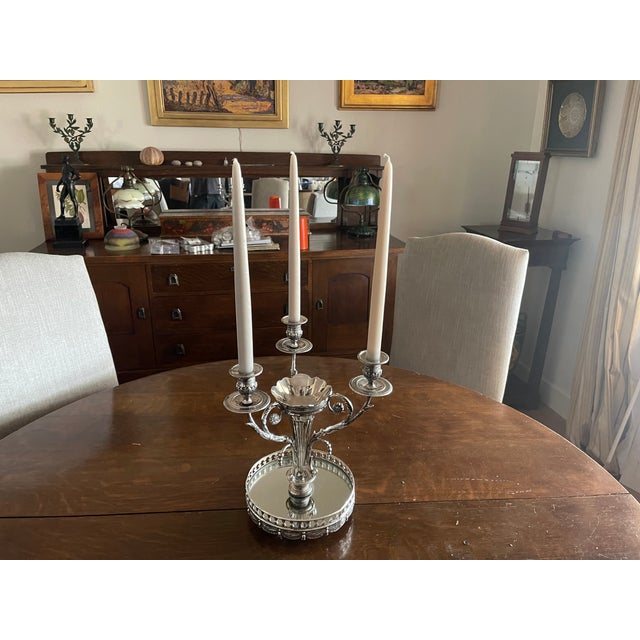 Godinger Vintage Shabby Shic Godinger Silver Plated Epergne 3 Branch Candleabra Mirror Tray For Sale - Image 4 of 9