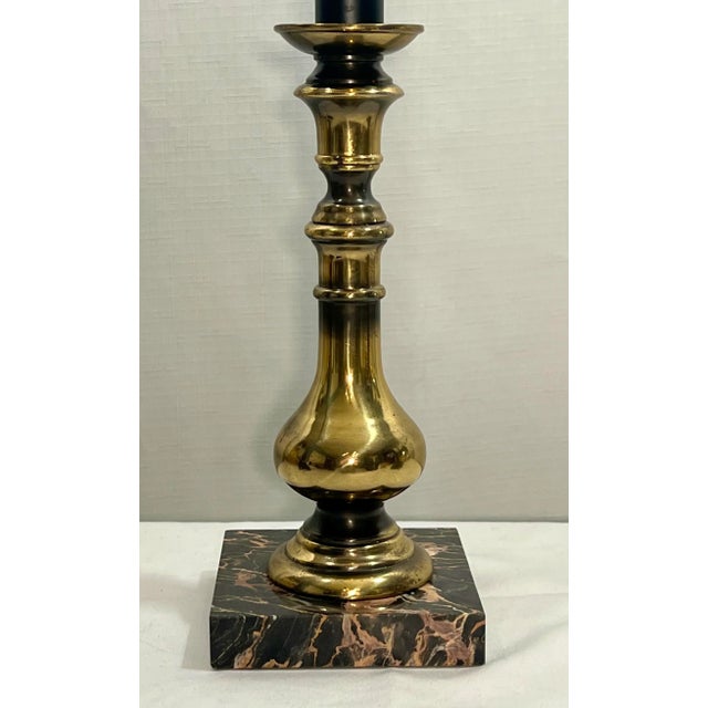 Frederick Cooper Frederick Cooper Style Brass Candlestick Table Lamp on Marble Base With Shade For Sale - Image 4 of 8