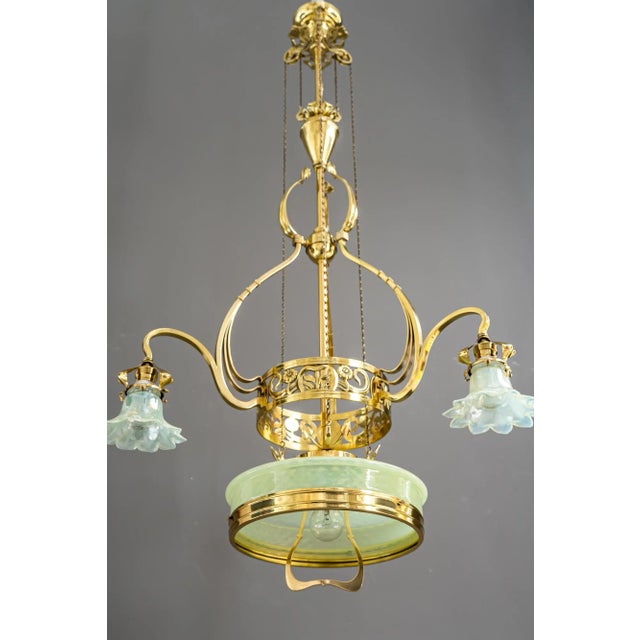 Jugendstil Adjustable Floral Chandelier with Opaline Glass Shades, 1910 For Sale - Image 4 of 18