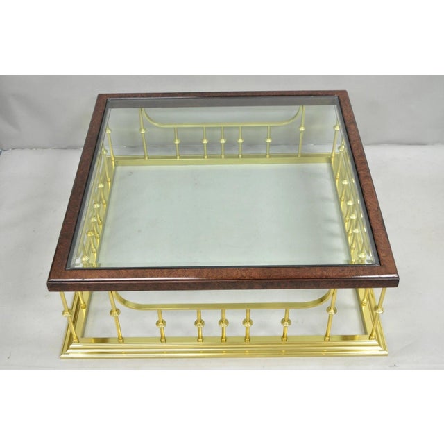 Vintage Erwin Lambeth Burl Walnut Brass Fireplace Fender 42" Square Coffee Table with Inset Beveled Glass Top. Circa Late...