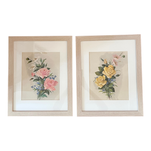 Pair of Vintage Botanical Rose Prints in Neutral Frames