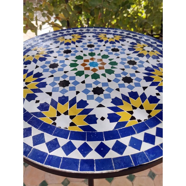 Moroccan Round Blue Yelow Mosaic Table Moroccan Craftsheep For Sale - Image 3 of 6