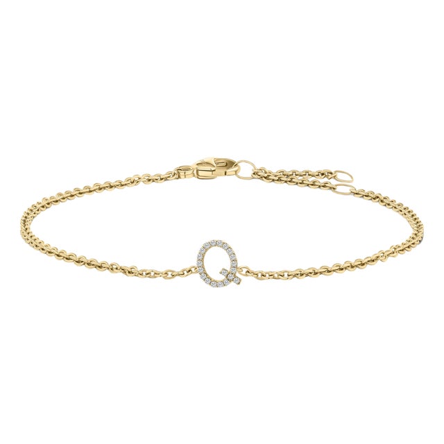 10K Yellow Gold Diamond Accent "Q" Initial Charm and Link Bracelet For Sale