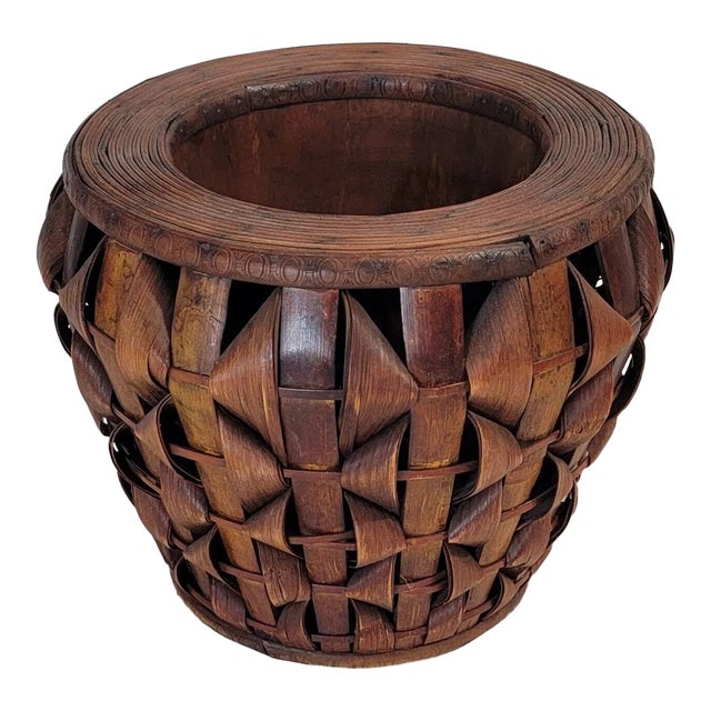 Vintage Artistic Japanese Split Woven Rattan Pencil Reed Planter For Sale