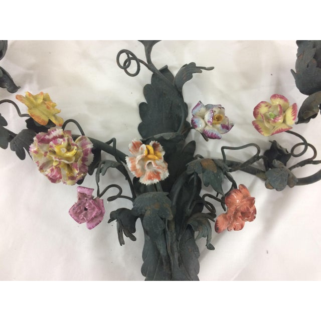 French Sconces with Porcelain Flowers - A Pair For Sale - Image 4 of 6