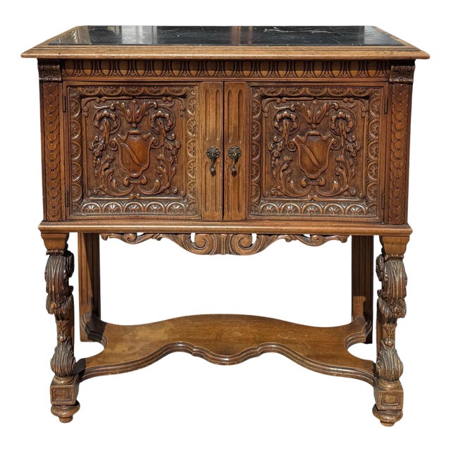 Antique Humidor Cabinet Table With Marble Top & Copper Lining.
