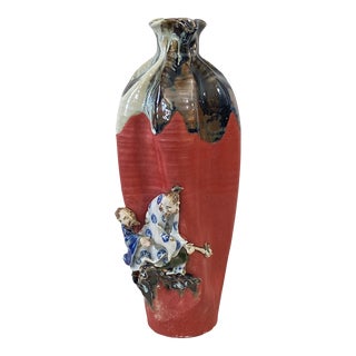 Chinoiserie Vintage Decorative Ceramic Vase W/High Relief Figures 12"h For Sale