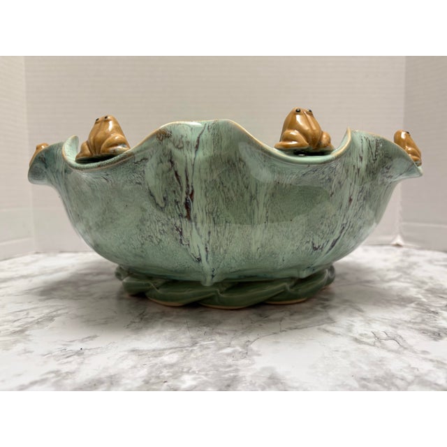 Large Vintage Aqua Glazed Pottery Scalloped Frog Bowl For Sale - Image 11 of 11