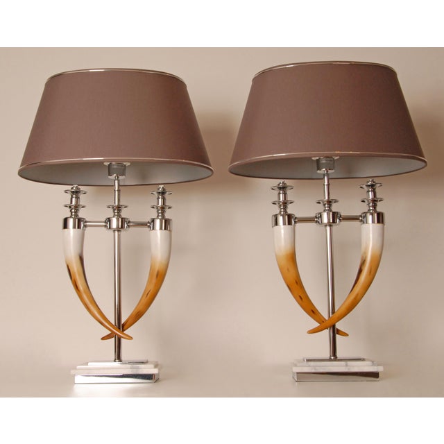 Metal Vintage Chrome Table Lamps Faux Horn Silver Marble Base Modern Table Lamps a Pair For Sale - Image 7 of 11