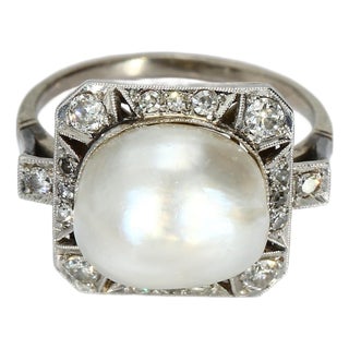 Mid 20th Century Platinum Cocktail Ring With White Pearl and Diamonds, Size 5 For Sale