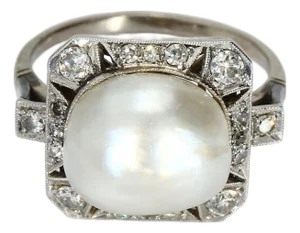 Mid 20th Century Platinum Cocktail Ring With White Pearl and Diamonds, Size 5
