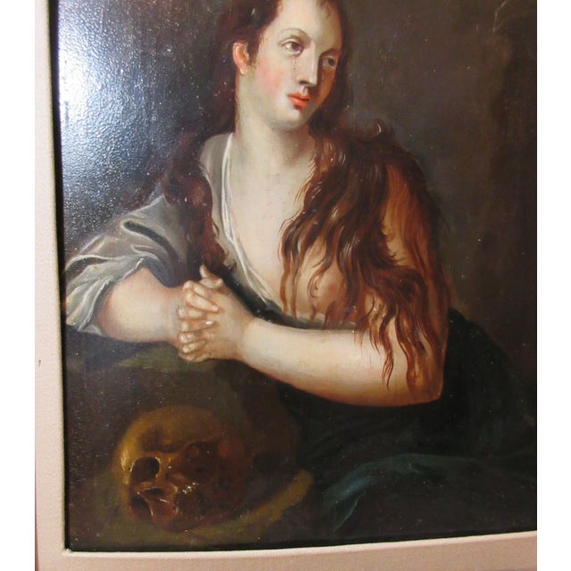 18th Century Antique 18th Century Saint Mary Magdalene Skull Religious Oil Painting on Panel For Sale - Image 5 of 11