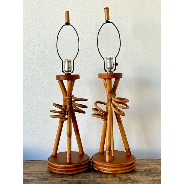 Tan Vintage Twisted Rattan Lamps - A Pair For Sale - Image 8 of 12