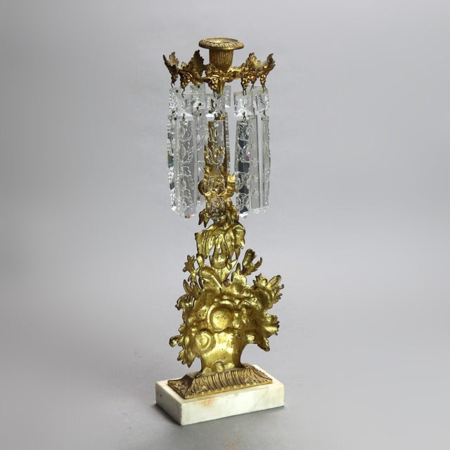 Metal Pair of Antique Gilt Bronze, Marble & Cut Crystal Floral Form Girandoles Cicra 1890 For Sale - Image 7 of 10