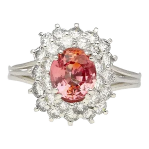 Gia Certified 1.63 Carat Padparadscha Sapphire and Diamond Halo Set Cluster Ring Size 7.25