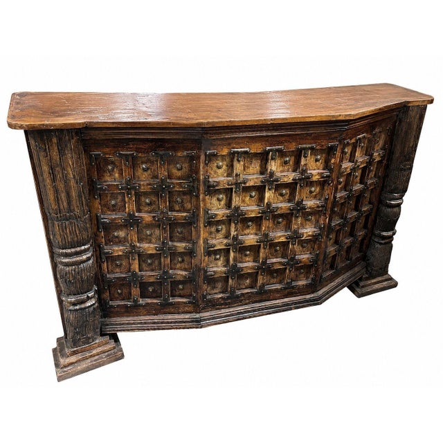Mexican 1940s Mexican Colonial Style Rustic Bar With Iron Strapwork & Carved Columns For Sale - Image 3 of 11