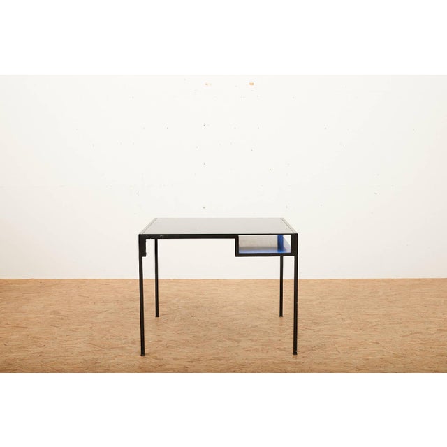 Coffee Table in Black Lacquered Metal Square Tube and Glass Top with Blue Metal Shelf, in Good conditions. Designed 1950...