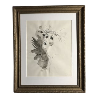1930s Vintage Hollywood Regency Style Portrait of Woman Pen & Ink Drawing For Sale